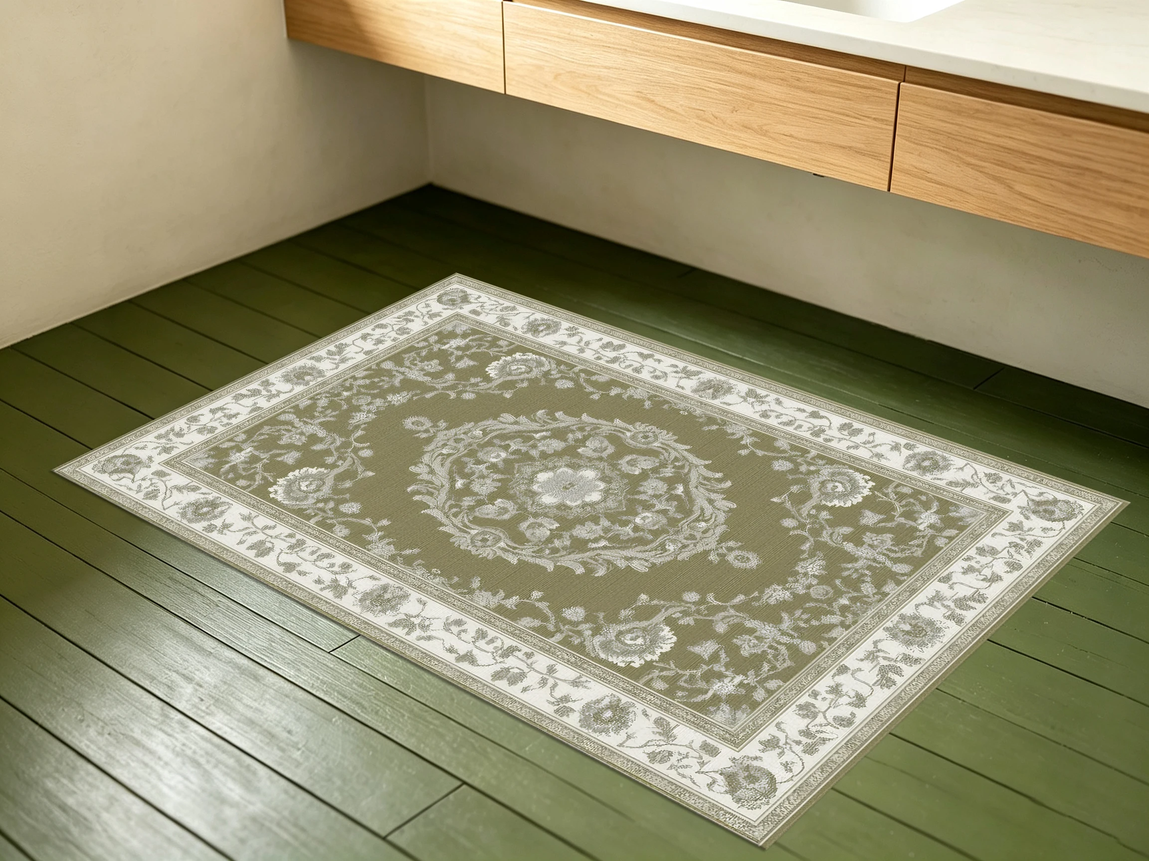 2D Velvet Carpet, Olive Green and Off-White 2D Velvet Carpet with European Vintage Patterns: Skin-Friendly and Soft, Suitable For..