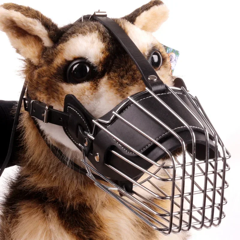 Breathable Leather Metal Basket Large Dog Mask Pet Dog Adjustable Anti-Bite Metal Muzzle Mouth Cover German Shepherd Pet Muzzle