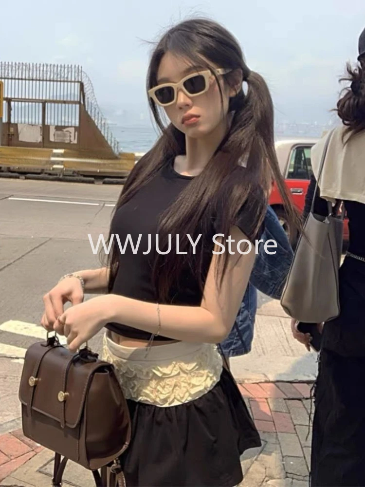 Summer Korean Fashion High Street Suit Black Short Sleeve T Shirt + Patchwork Slim Y2k Mini Skirt Outfits Elegant 2 Pieces Sets