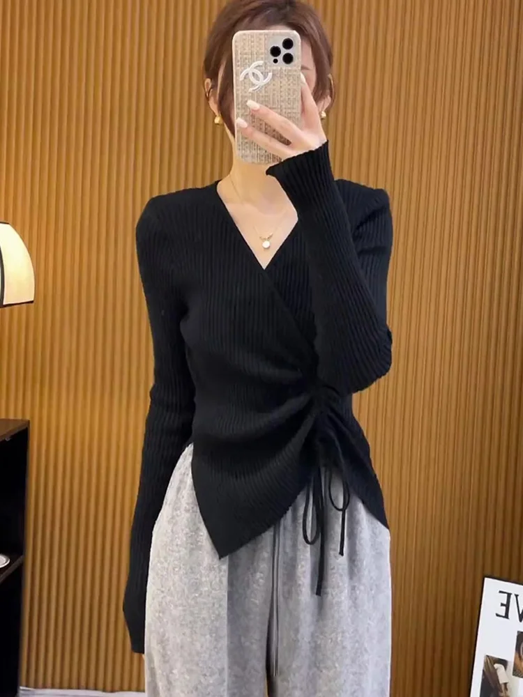 

Premium Knitted Sweater Women's V-Neck Long Sleeve Drawstring Black Casual Style Loose Fit Knitwear Spring New Arrival