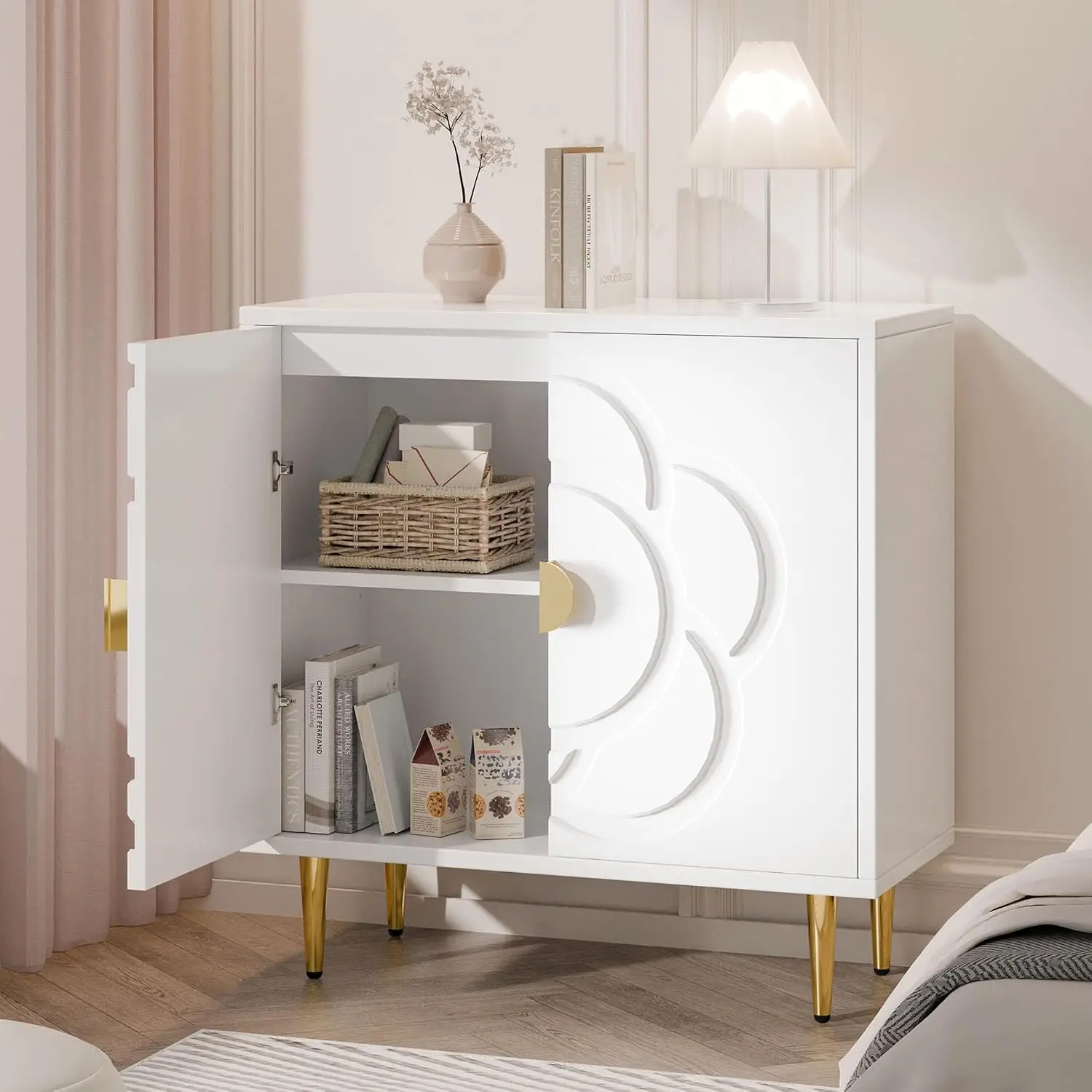 Modern Storage Cabinet with Flower Pattern Doors, Accent Sideboard Buffet for Hallway Living Room Kitchen, White, Customized