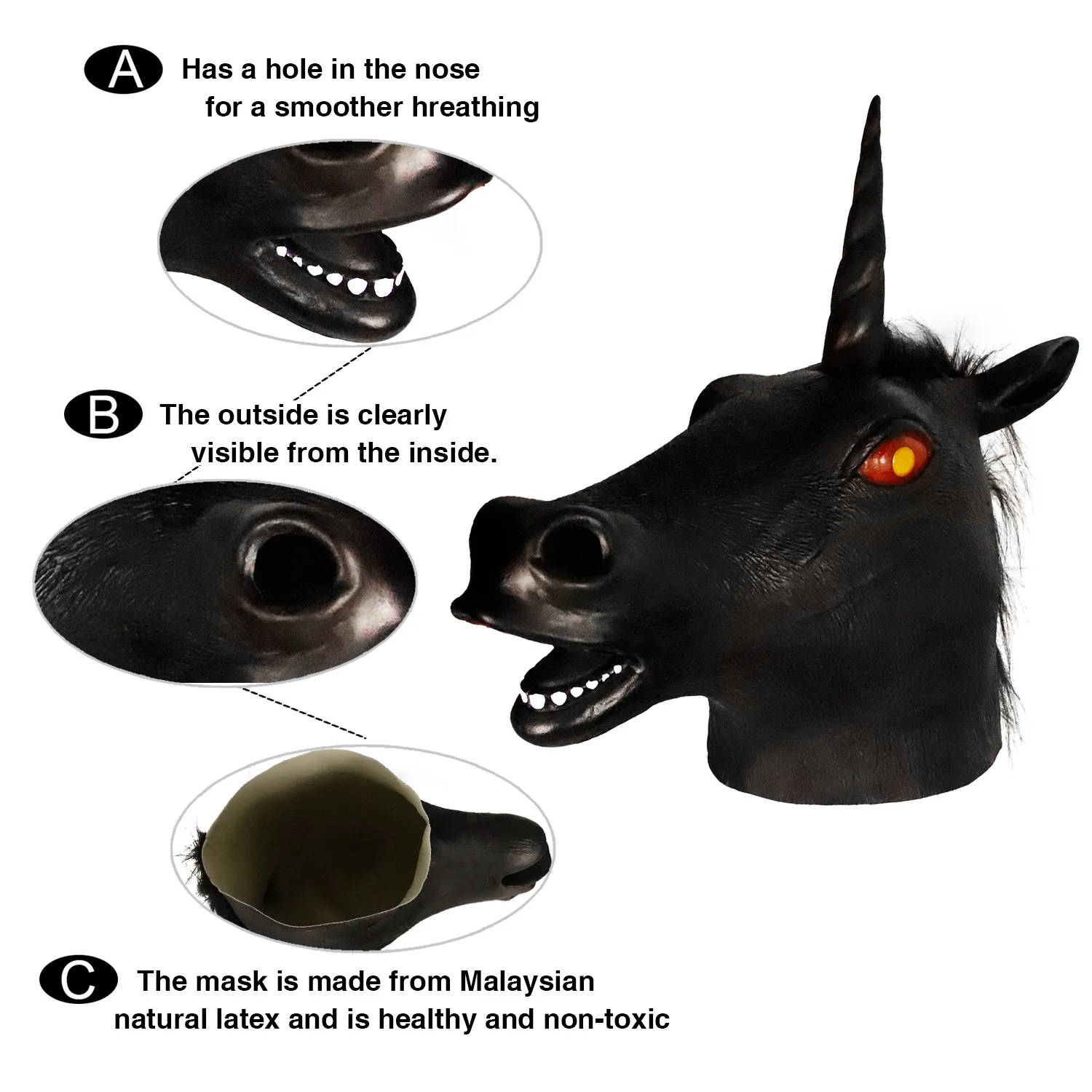 Einhorn-Kopfmaske für Erwachsene, Natürliche Latex-Einhorn-Kostümmaske für Halloween-Partys und Cosplay – Detail 2