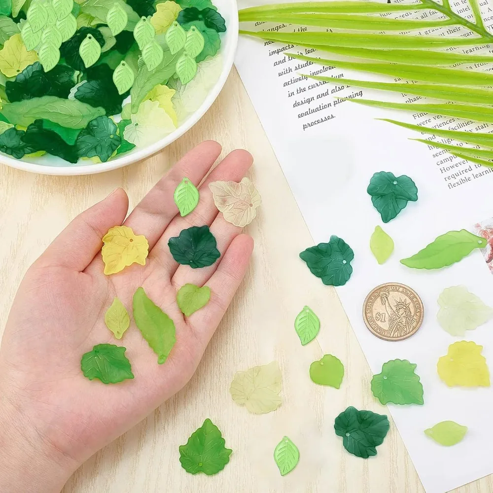 160 Pcs 8 Styles Acrylic Leaves Green Acrylic Leaf Charms Frosted Leaves Beads Maple Leaf Pendants for Earring Necklace kit