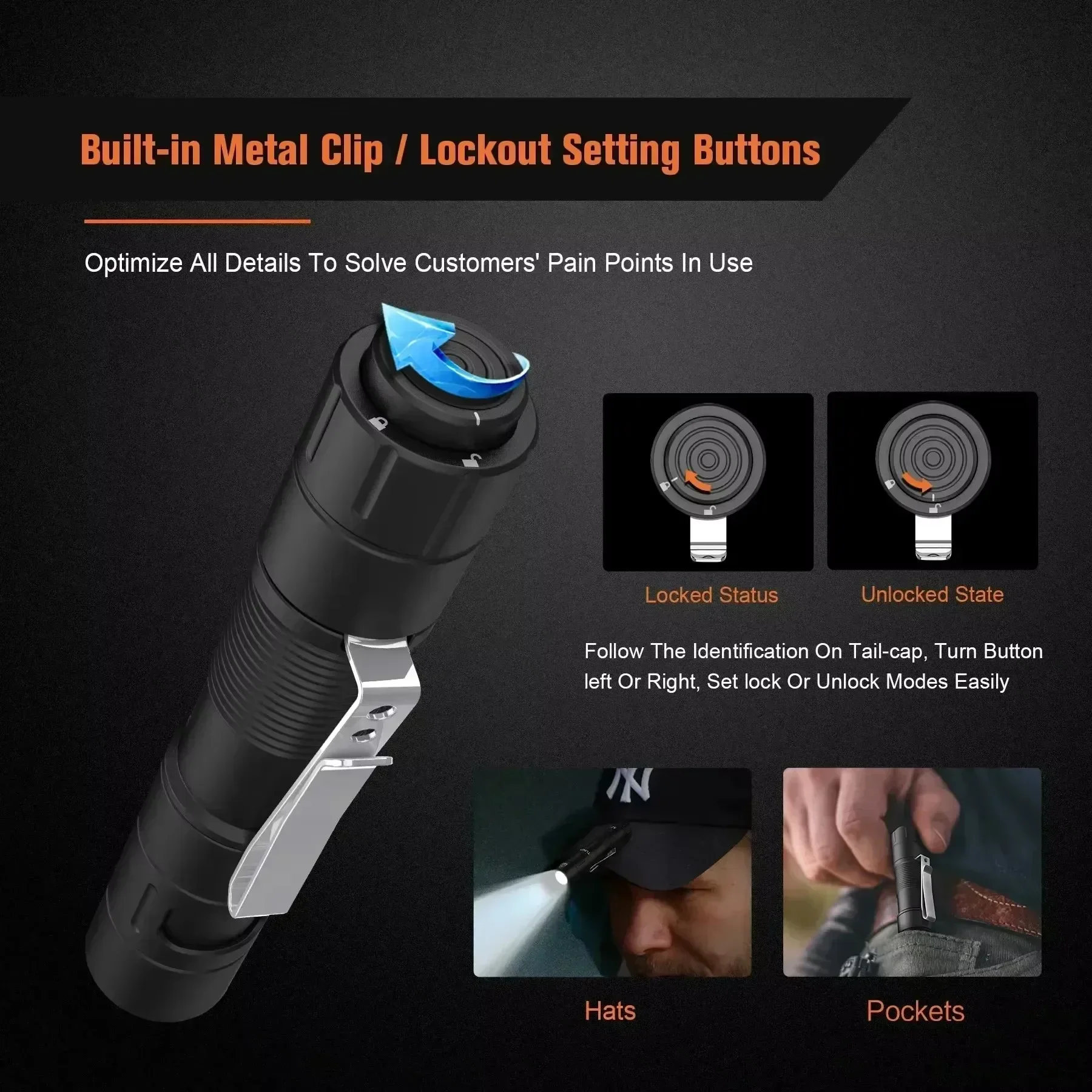 S21 Traveler LED Flashlight USB Rechargeable Mini Work Lantern with Portable Hat Clip Torch Tail Magnetic for Outdoor Camping