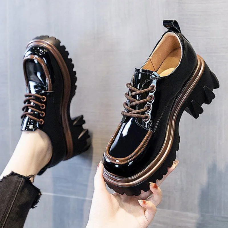 Women Shoes Patent Leather Square Toe Lace-up Thick Sole Non-slip Loafers Color Matching Versatile High Heels