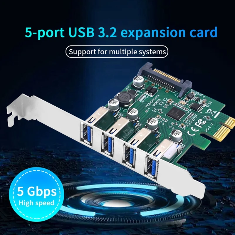 1 Piece PCIE 1X To USB3.2 Expansion Card PCI-E 4 Ports USB3.2 Adapter Multiplier Green