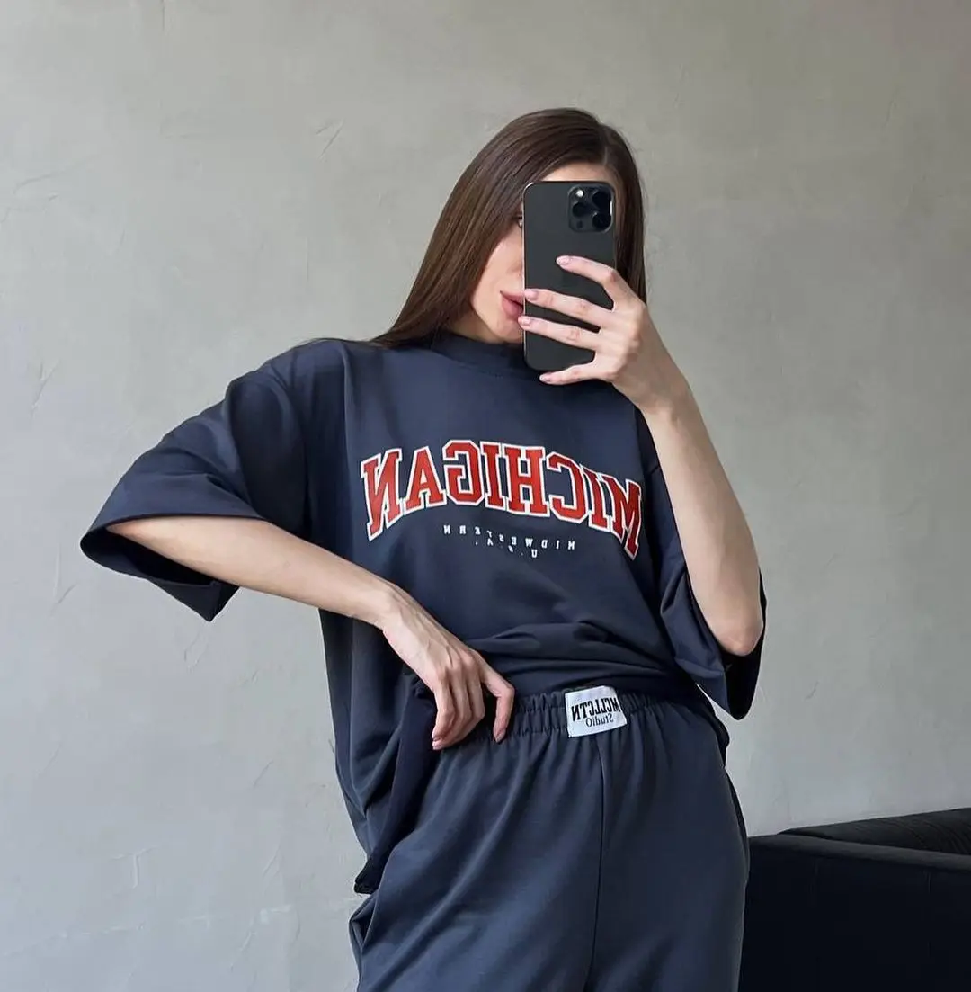 

Letter Print Street Short Sleeve Tee And Loose Elastic Waist Pant Sets Fashion Chic Suit Sportwear Casual Women Outfits 2024