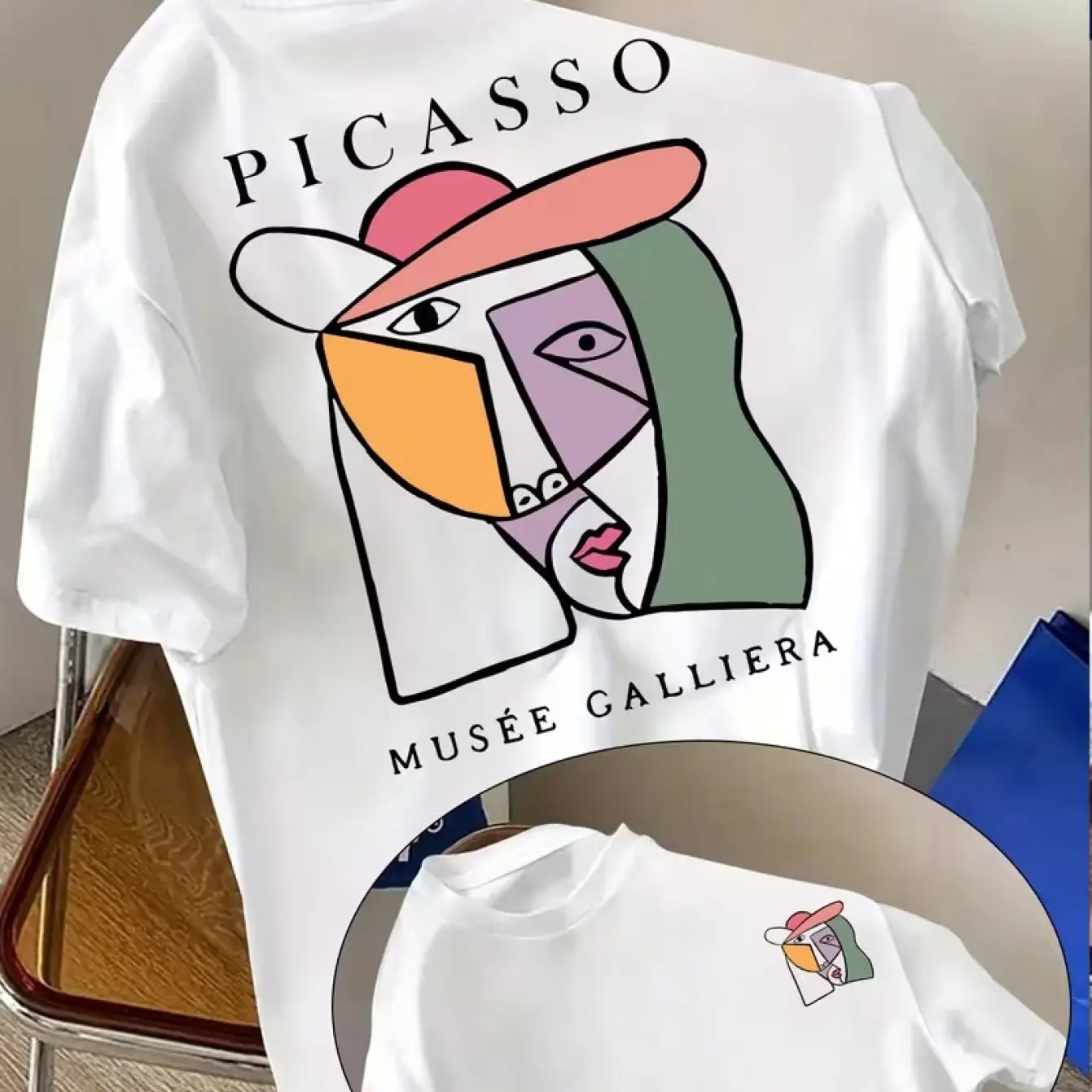 Men's Picasso Cubism Art T-Shirt Double-Sided Abstract Print Crew Neck Summer Casual Tee Men's and Women's T Shirt Streetwear
