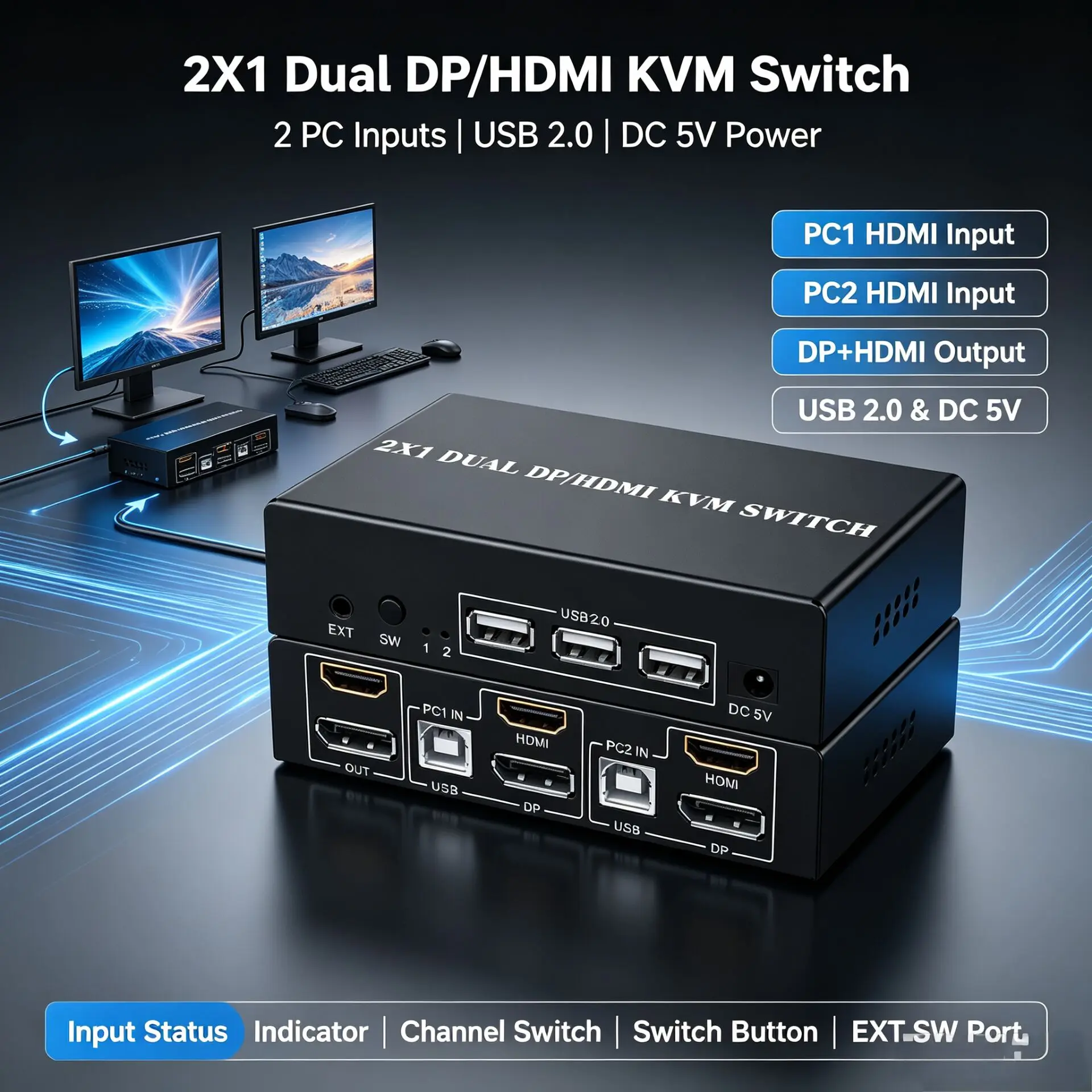 2x2 HDMI DP KVM switch 4K 60Hz HDMI DP 2-in-1 dual display expansion display USB KVM switch