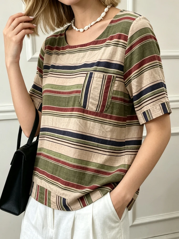Summer Retro Stripe Women Linen Cotton Short Sleeve Top, Round Neck Loose Fit With Chest Pocket, Multicolor  Striped Blouse