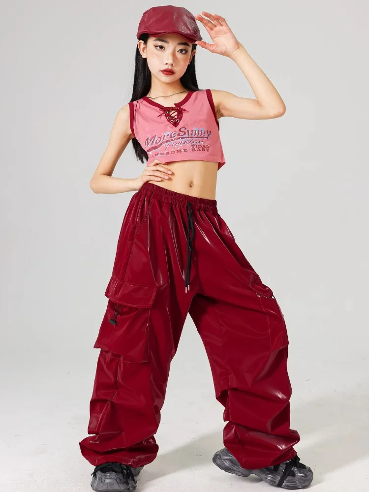 Costume de spectacle de danse Jazz rouge pour filles, vêtements de scène Kpop, pantalon Shuffle Hip Hop, haut court, vêtements de danse de rue à la mode pour enfants