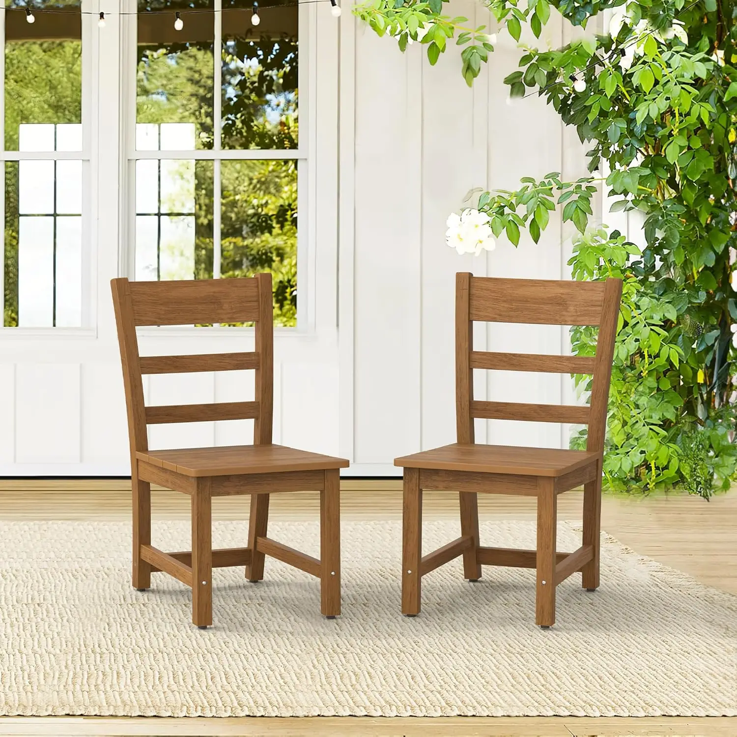 Armless Outdoor Dining Chairs Set of 4,All-Weather HDPE Patio Chairs, Support 350 LBS, Teak Color-Oil Printed for Indoor/Outdoor