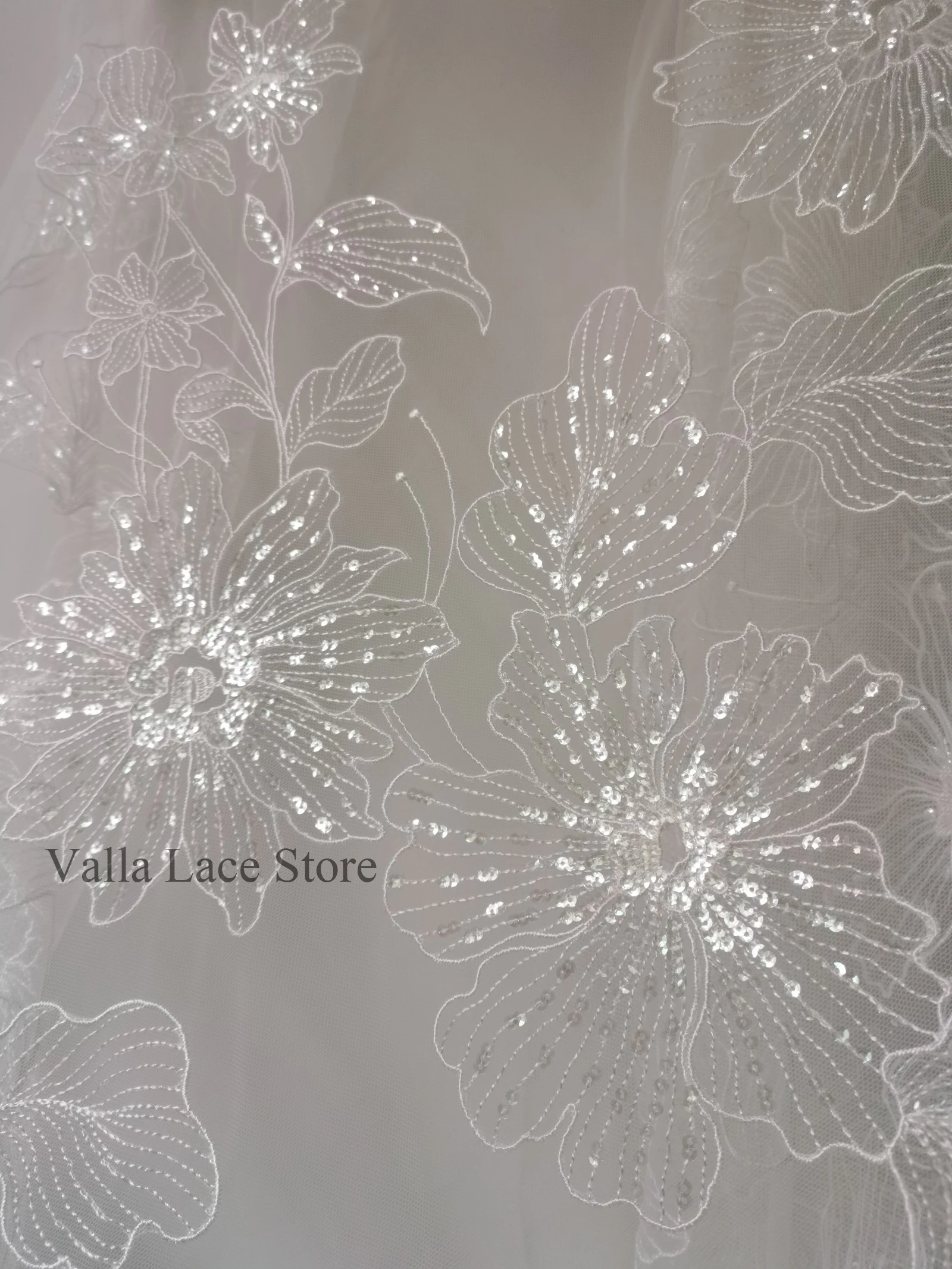 1Yard Embroidery Flower Soft Tulle Mesh Fabric Clear Sequins Bride Wedding Gown Dress Lace Fabric Sewing Accessories