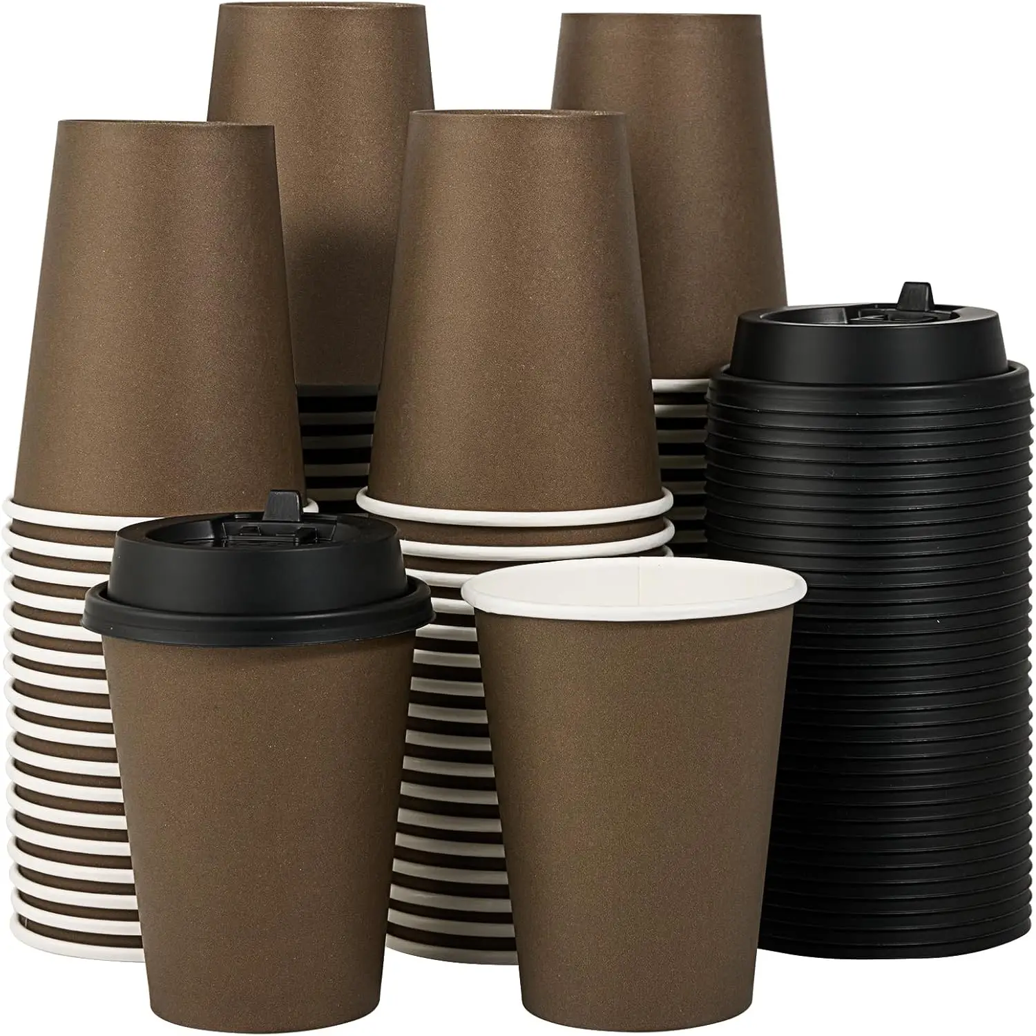 

100 Pack 12 oz Disposable Paper Coffee Cups with Lids for Coffee, Water, Juice, or Tea, Brown Hot Paper Cups for Home, R