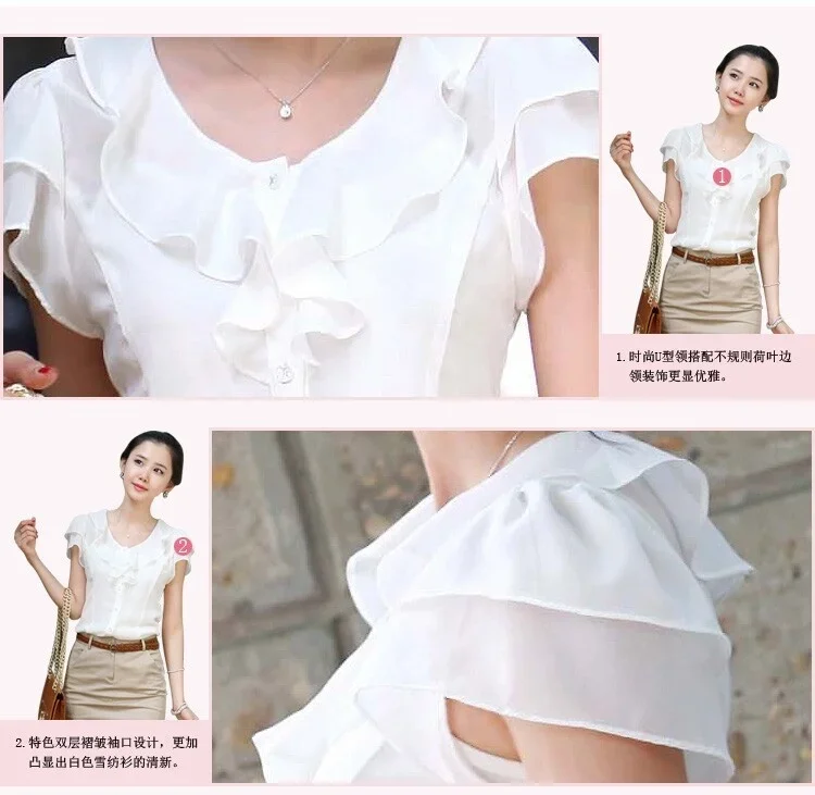 5XL New Summer Women Fashion Short Sleeve Ruffles Chiffon Solid White Tops Blusas Casual Summer Blouses Shirt