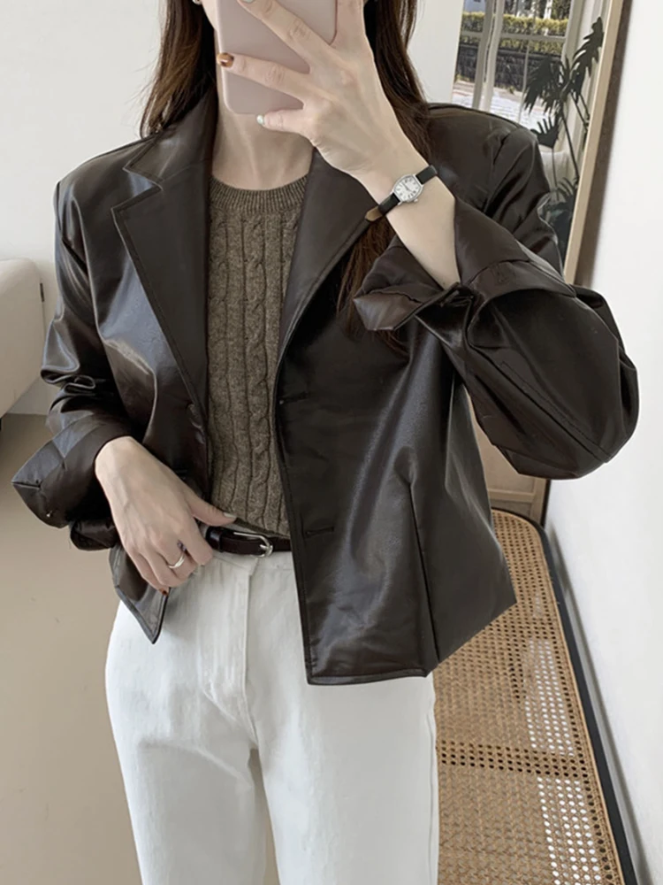 Chic Vintage Men's Sle Loose Fit Single Button ort PU Leather Jaet Women's Faion Commute Wind irt Coat Autumn