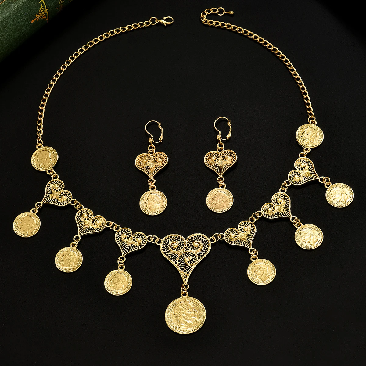 

Algerian Popular Metal Set Necklace Earrings Coin Shape Unique Design Wedding Jewelry