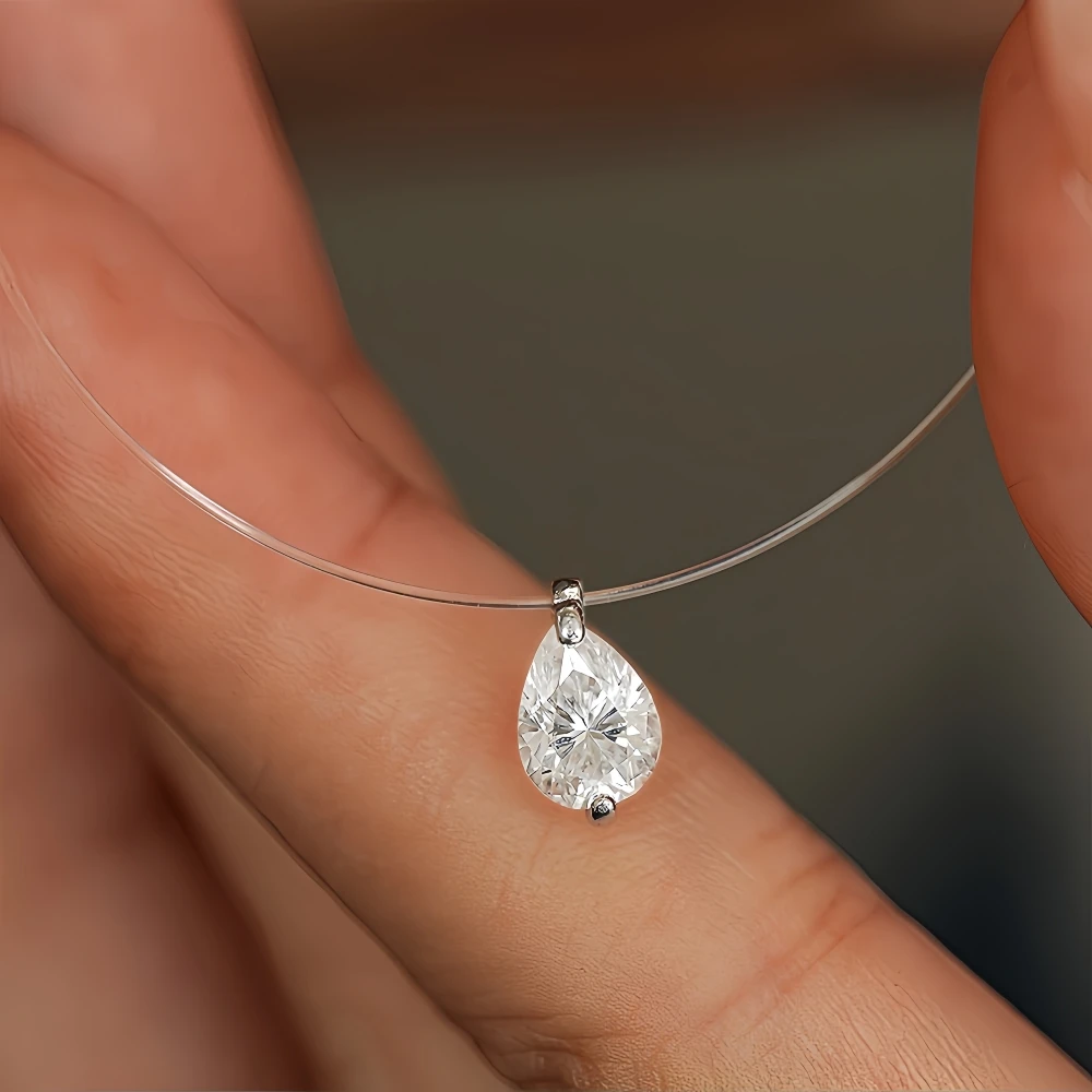 1-2CT Pear Cut/Water Drop Moissanite Pendant Invisible Fishing Line Diamond Necklace Women's S925 Sterling Silver Certificate
