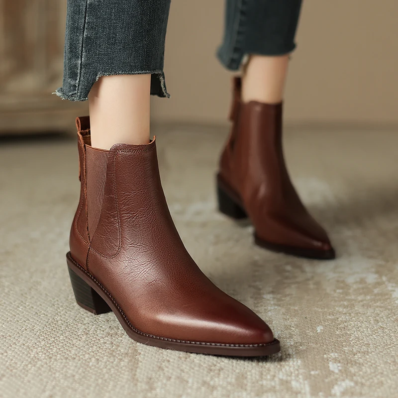 2023 Vintage Women Genuine Leather Ankle Boots Autumn Winter Thick Heels High Quality Elastic Band Office Lady Retro Shoes Woman