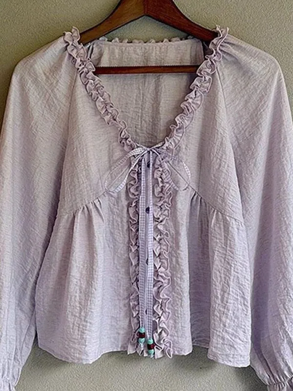 

Ele Purple V-Ne irt Women's Loose Fit Cotton Polyester Gored Sve Flower Tie Waist Autumn Top Korean Sle