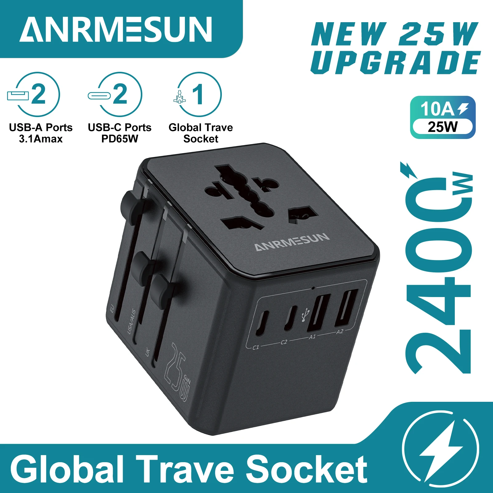 ANRMESUN Universal Travel Adapter with 2 USB Ports 2Type-C PD Charging All-in-one Travel Adapter EU/UK/USA/AUS Plug for Travel