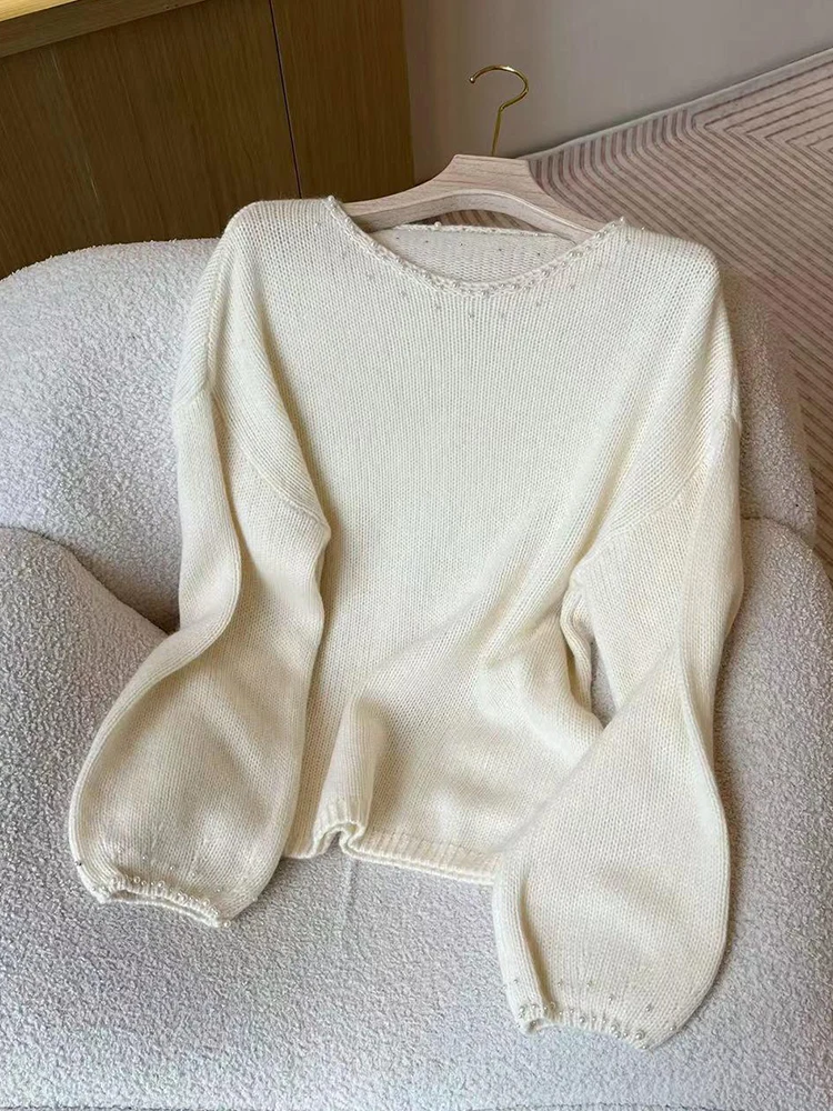 

Ladies Loose Knitted Sweater round Ne Lantern Sve Soft Cozy Autumn Winter Outerwear Comfortable Relaxing Top Base irt