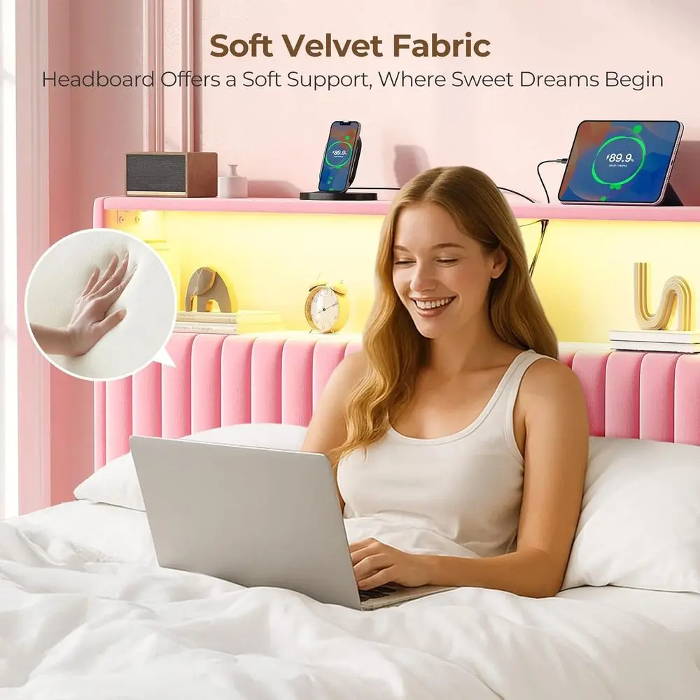 سرير كوين منجد مخملي DIY من DAFIFY مع مساحة تخزين، منافذ USB ونوع C، 60,000 لون LED، ارتفاع قابل للتعديل، سهل التجميع، P
