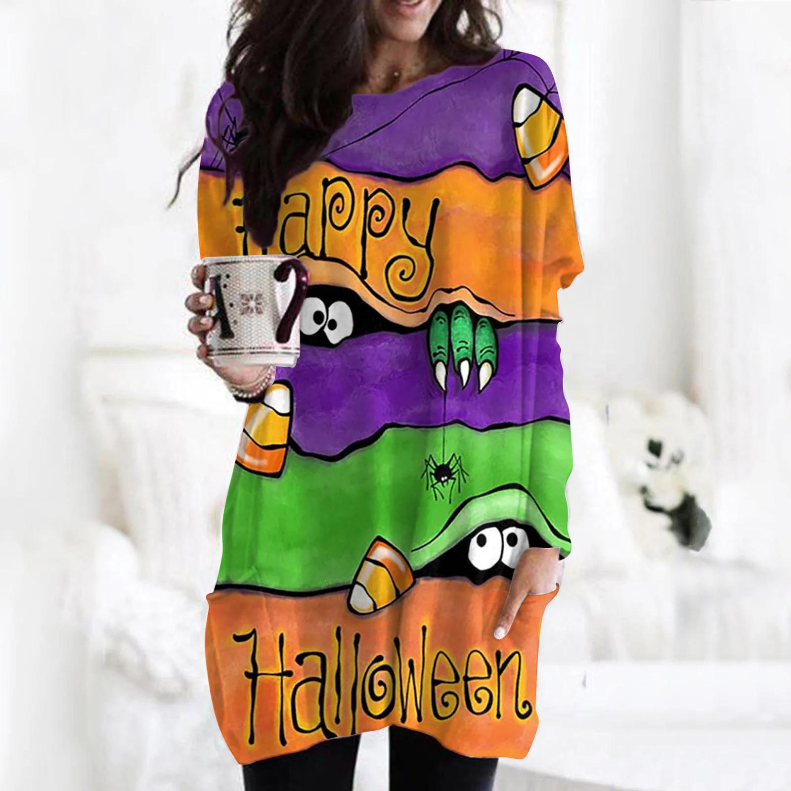 

Womens Halloween TShirt Dress With Pocket Casual Color Block Long Sleeve Tunic Tops Sweatshirt Punk daily shirt Kpop