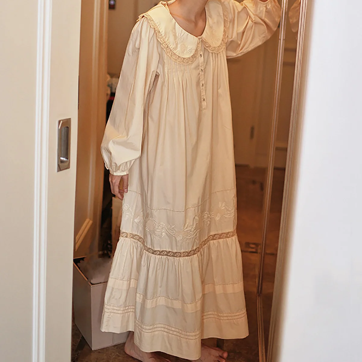 Women Vintage Fairy Nightgown Princess Sweet French Nightgown Autumn Cotton Embroidered Cute Nightgowns Sleepwear for Girls