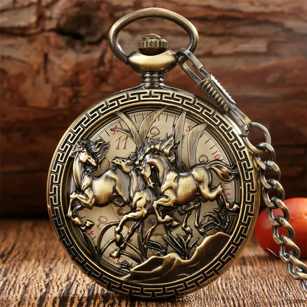 

Horse Design Hollow Pocket Watch Grassland Steampunk Display Manual Mechanical FOB Watch Retro Exquisite Skeleton Pendant Clock