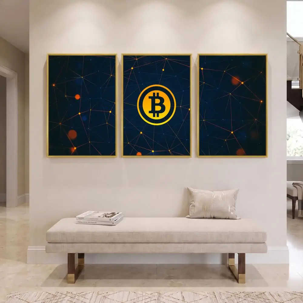Bitcoin Blockchain Network Painting Calligraphy Canvas Prints Set of 3 Wall Art for Living Room Decor Vintage Fashion Decals