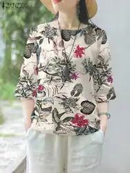 ZANZEA Holiday Cotton Floral Print Blouses Casual Loose 3/4 Sleeve Women Rond Neck Shirts 2023 Summer Everyday Tunic Tops Blusas