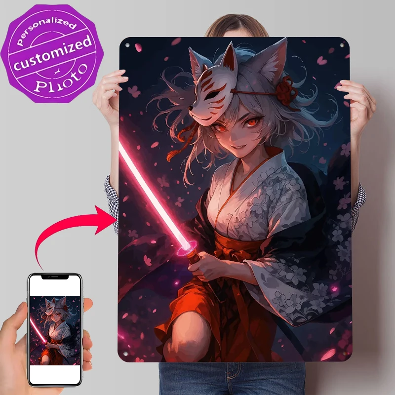 Póster Impreso de Chica Kitsune con Espada de Neón, Arte de Pared Personalizado, Letreros Metálicos Retro Vintage para Decoración del Hogar