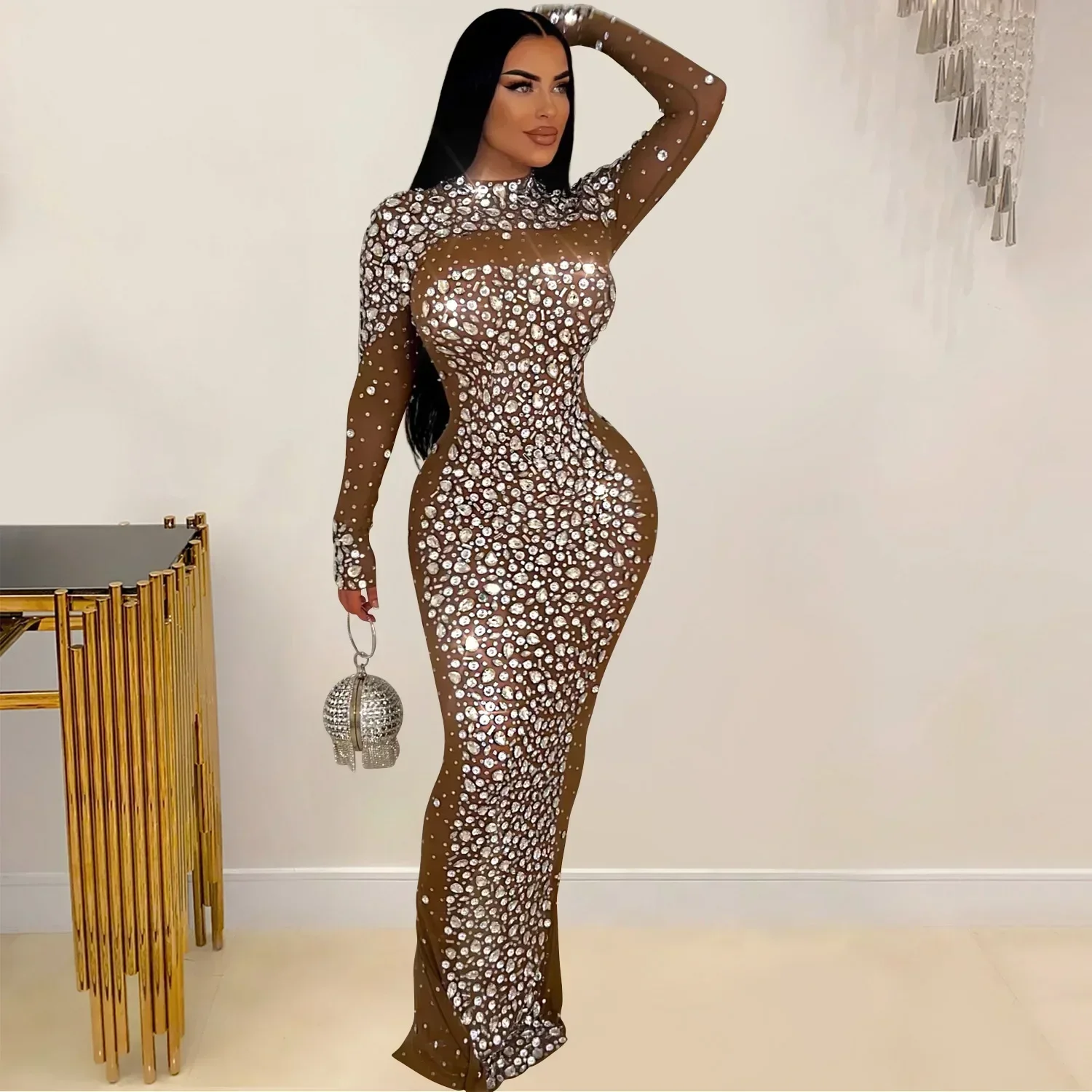 Robe Mi-Longue en Maille à Manches sulfpour Femme, Tenue de Soirée et d'Anniversaire, avec Diamants et Strass Chauds, 2025