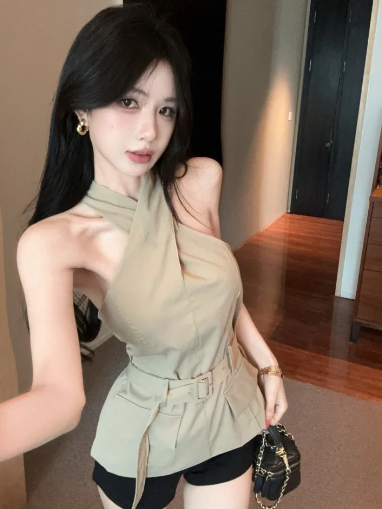

Summer New Design Pure Desire Cross Neck Strap Vest Women's Clothing Waist Cinching Sleeveless Top Korean Style Knitted mid W...