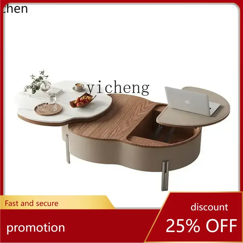 

ZML solid wood coffee table minimalist modern saddle leather lifting rotating small apartment simple side table