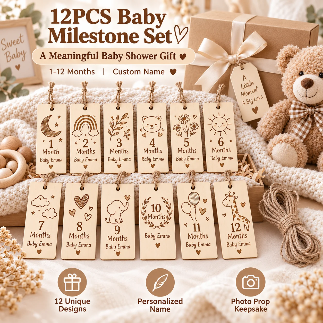 12-Piece Set of Personalized Name Wooden Baby Monthly Milestone Tags, Suitable for 1-12 Month Old Babies, Customized Name Growth Photo Props, Rectangular Wooden Commemorative Plaque, Newborn Baby Party Gift