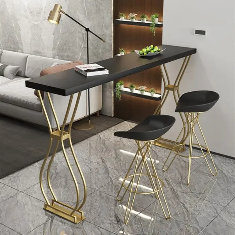 （VIP6）Luxury Solid Wood Bar Table Home Milk Tea Shop Wall Long Table High Table Wrought Iron Chair Combination