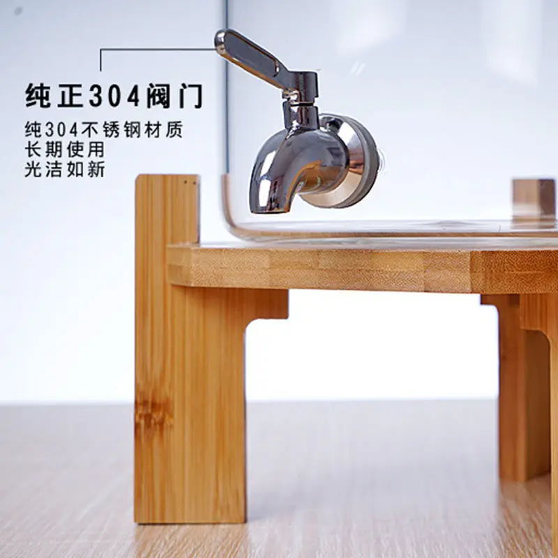 Wooden seat transparent juice tripod glass self-service beverage juice bucket 304 stainless steel faucet cooling kettle