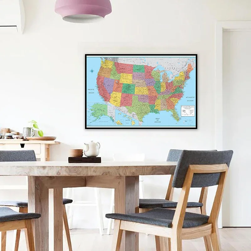 Pintura en lienzo no tejido para decoración del hogar y oficina, póster e impresión de arte de pared, mapa de los Estados Unidos en inglés, 84x59cm