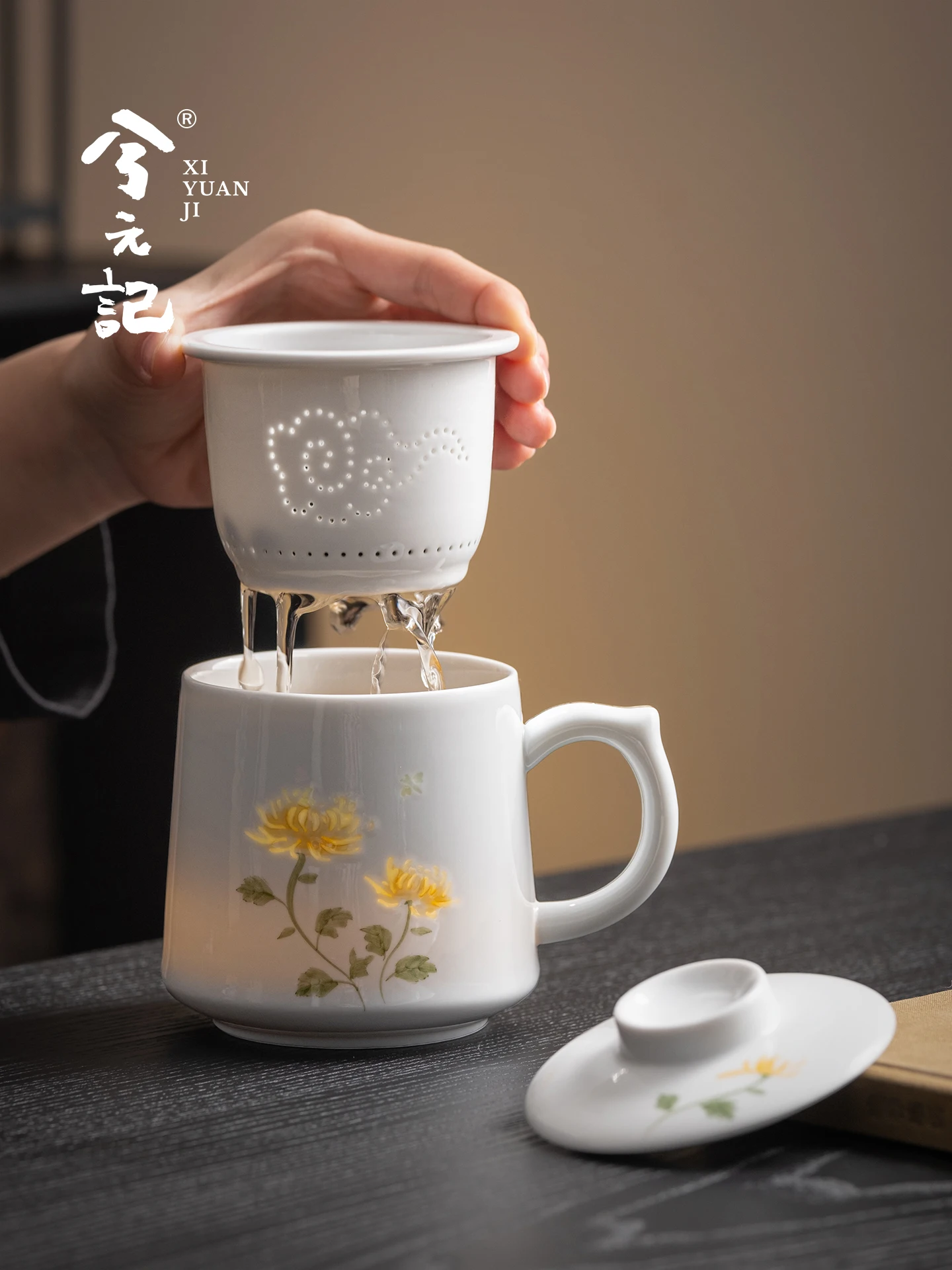 Rice-Pattern Decorated Porcelain Ceramic with Lid Household Good-looking Drinking Cup Office High-Grade Underglaze Color Tea