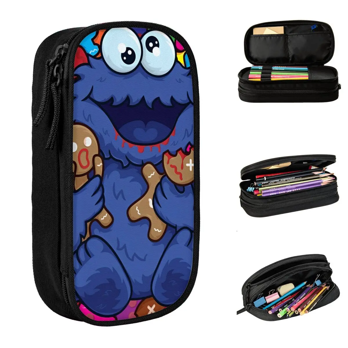 S-Sesame Streets Pencil Cases Fun Cookie Monster Cartooon Pen Holder Bag Girl Boy Large Storage Office Zipper Pencilcases