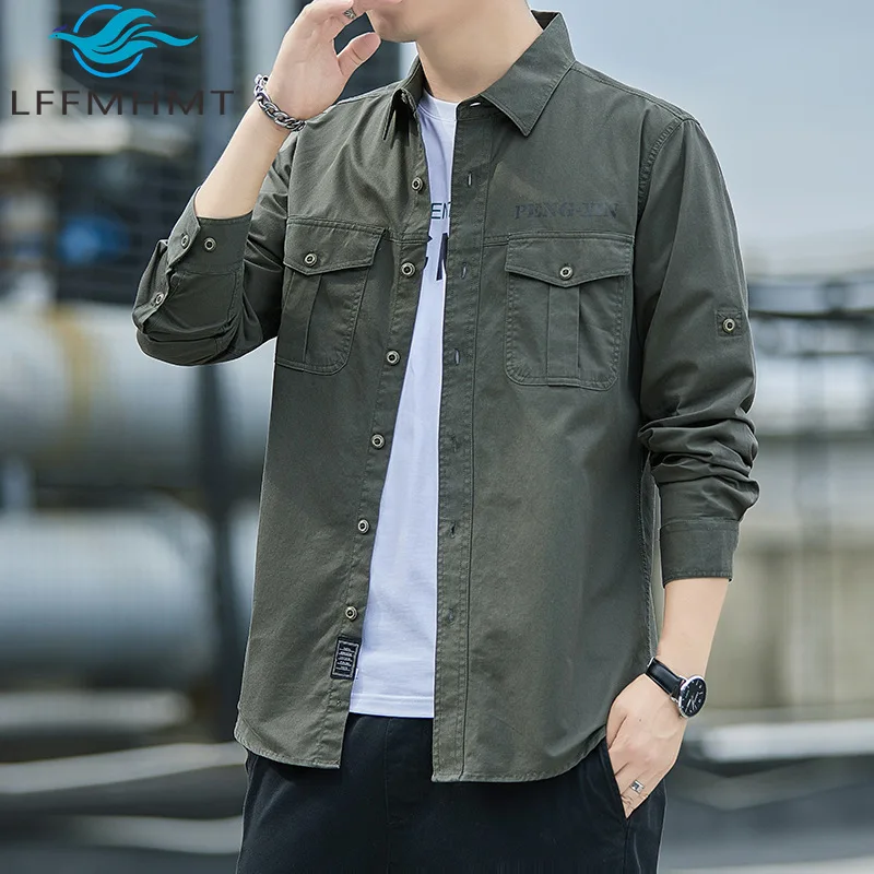 

Spring Summer Fashion Men's Cargo Shirt Good Quality Cotton Fabric Long Sleeve Multi-pocket Green Color Lapel Blouse Daily Tops
