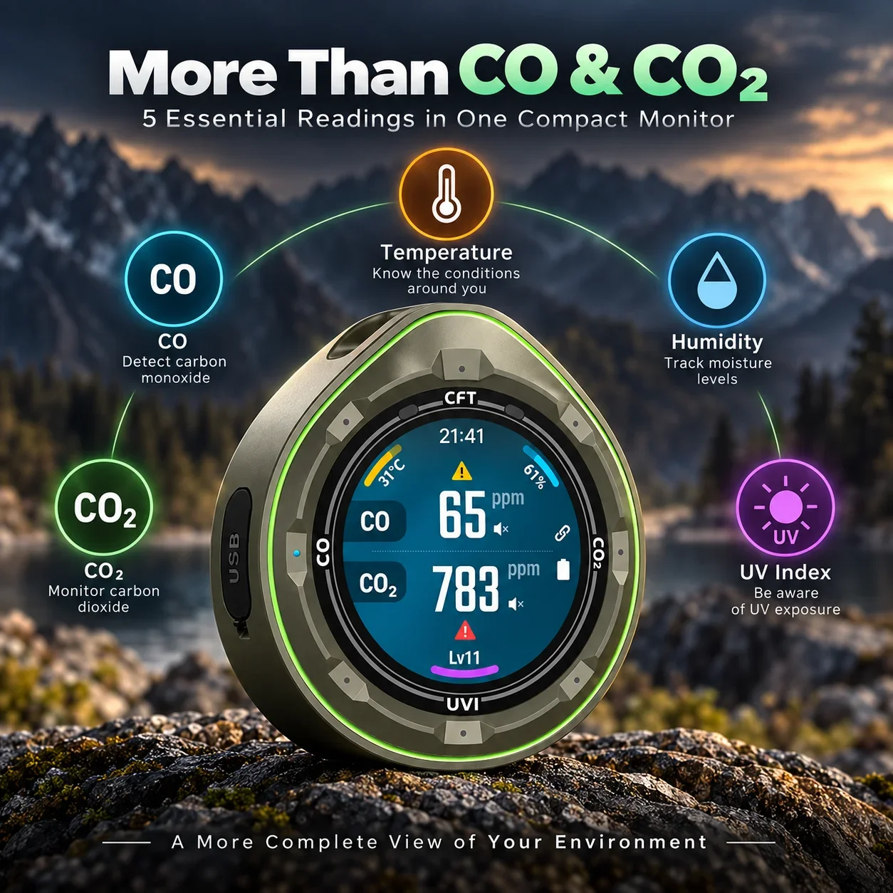 CO2 and Carbon Monoxide Detector, Portable Air Quality Monitor with Bluetooth APP, UV Index, Temperature Humidity for Camping RV