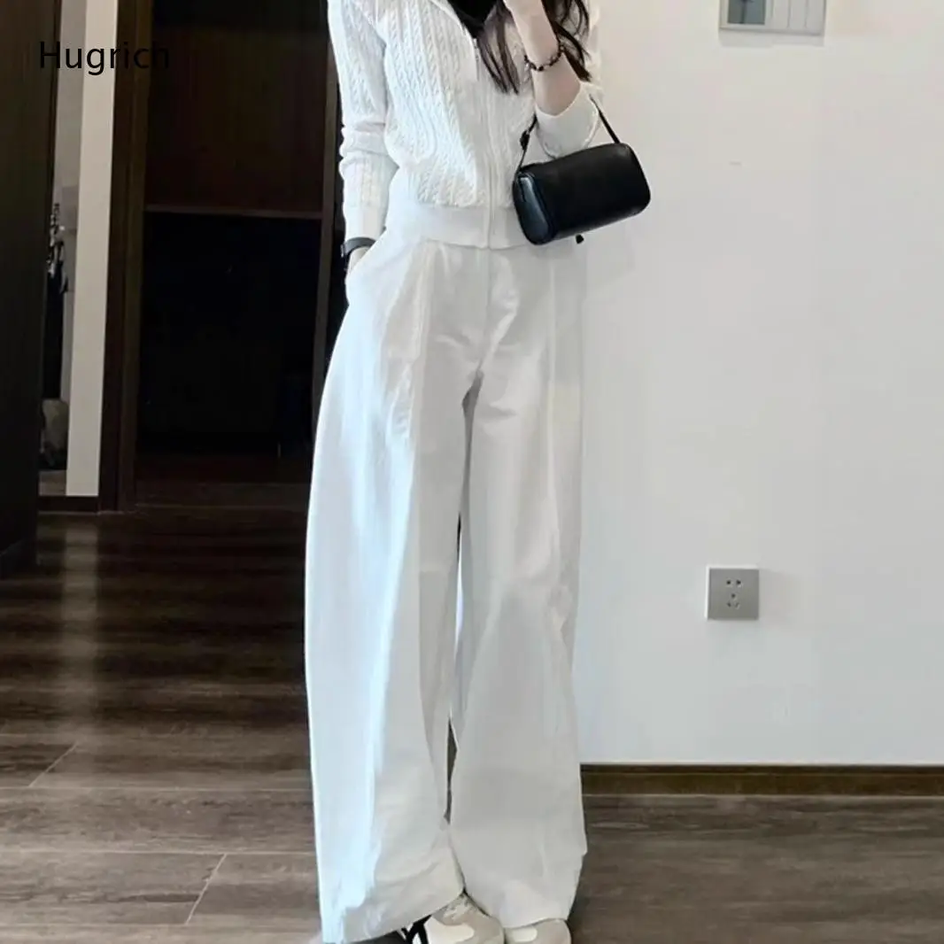 Solid White Mid Rise Casual Trouser Relax Oversized Curved Balloon Leg Soft Creased Fabric Full Length Pant