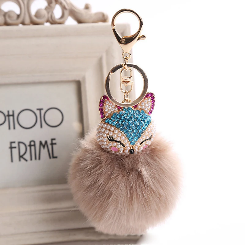 1PC Crystal Faux Fox Fur Keychain Fox Fur Head Pompoms Plush Ball Keychain Rhinestone Key Ring Trinket Women Bag Pendant Decor