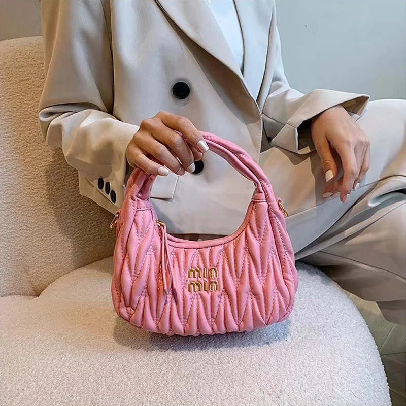 New Light Luxury Fashion Pleated Shoulder Bag Women\'s Bag Monogram Logo PU Design Versatile High-End Handbag Cross-Body Bag