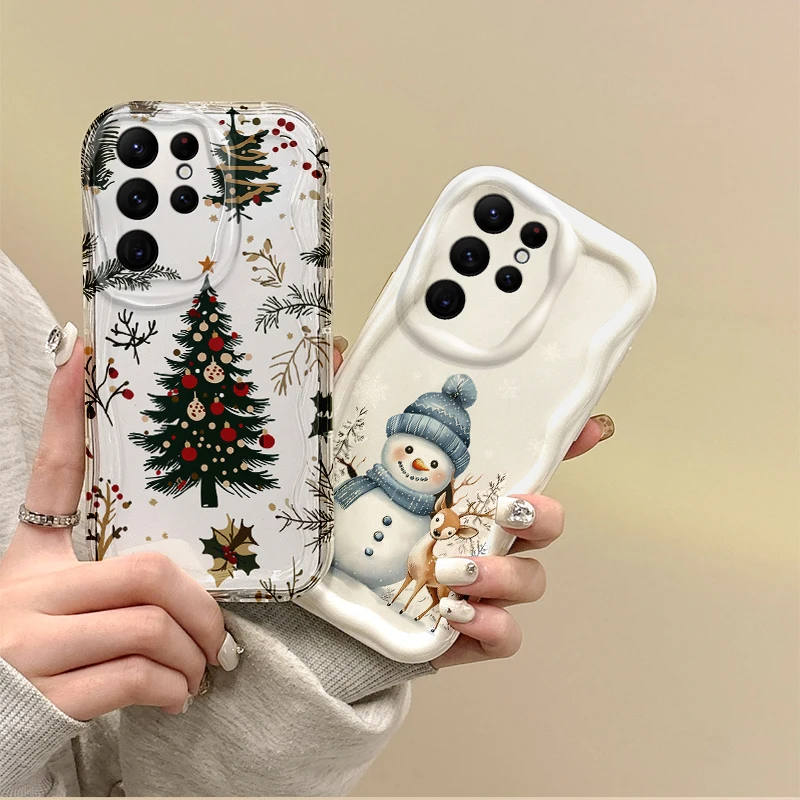 Cute Christmas Tree Snowman Phone Case For Samsung Galaxy S25 S24 S23 S22 Ultra Plus S21 FE A73 A72 A55 A54 Soft Silicone Cover