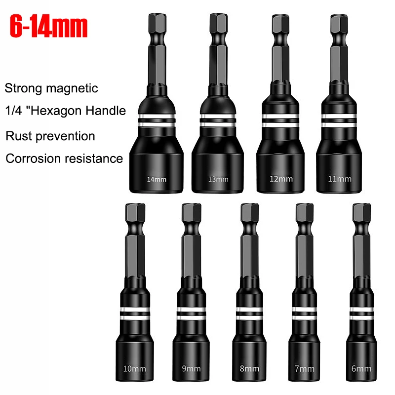 

6-14mm Strong Magnetic Socket 6.3mm 1/4" Shank Hexagon Screwdriver Bit Hand Electric Drill C-RV Nut Key Rotary Tool Accessories