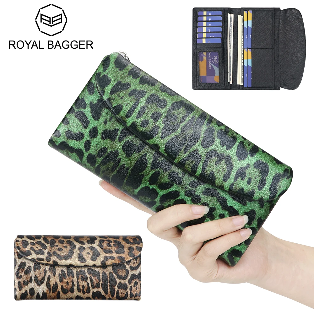 Royal Bagger Genuine Leather Long Wallet for Women Retro Leopard Print Evening Bag Elegant Versatile Clutch Purse 2604